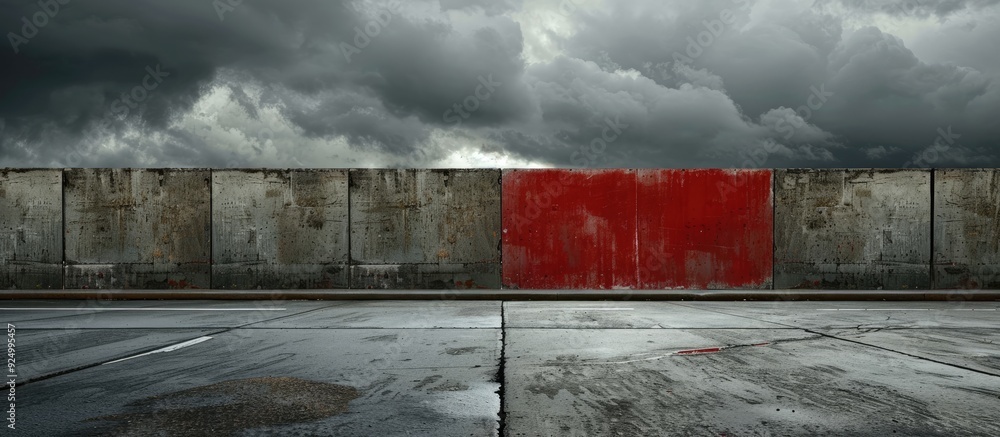 Poster a grunge concrete wall composed of small square blocks features a red metal strip on top under a dar