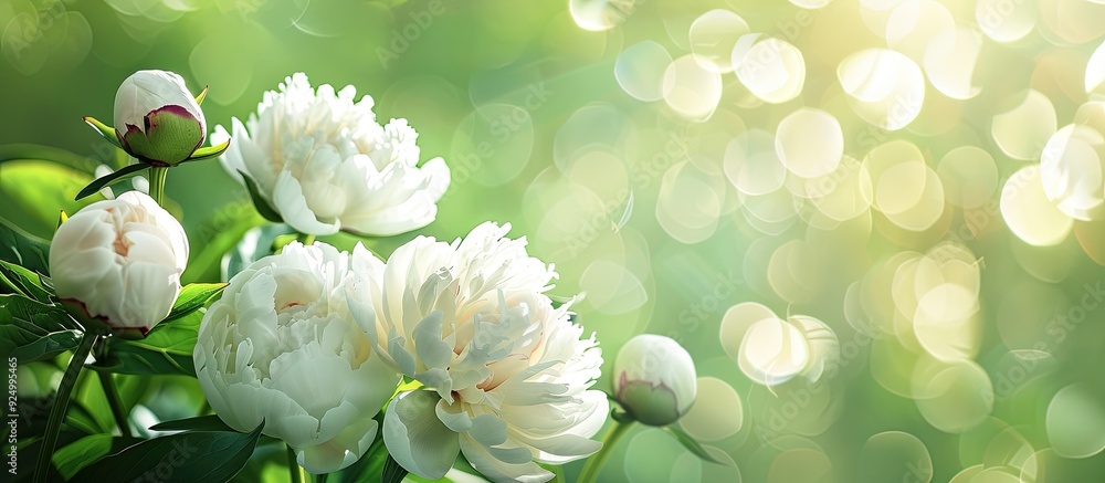 Wall mural Close up of white peonies in bloom with peony flowers and buds in a spring garden against a green natural backdrop with a beautiful bokeh effect ideal for a copy space image