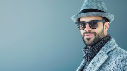 Middle-aged Man with Stylish Attire Posing Againnst Blue Background
