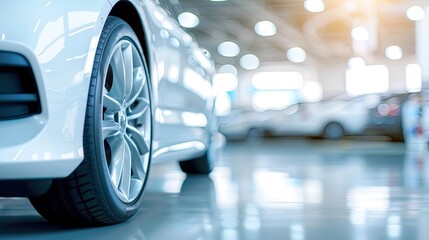 Silver Car's Front Wheel and Tire in Close-Up Perspective