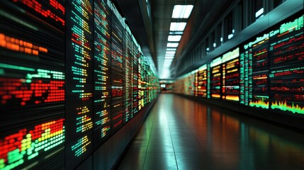Stock exchange floor, live chart displays, 3D illustration