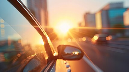 Urban Sunset Serenity Through Car Mirror Reflection