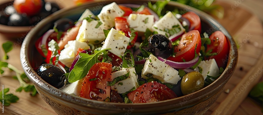 Poster greek salad featuring crisp vegetables and tangy feta cheese accompanied by olives and a zesty dress