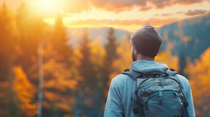 Solitary Trekker Exploring Autumn Forest at Sunset