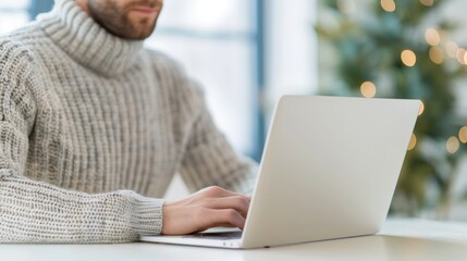 Cozy Workspace Amidst City View with Festive Christmas Lights