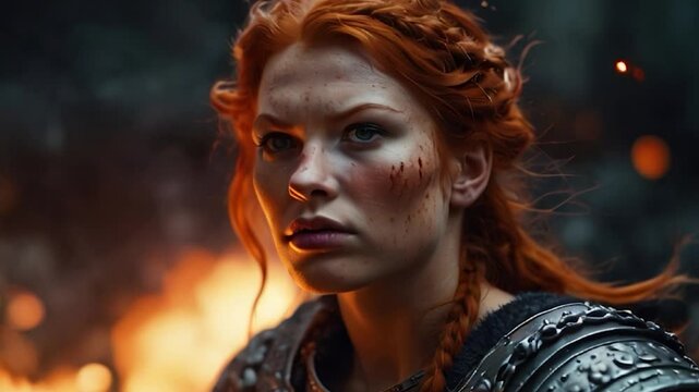 Close-up Portrait of Red-Haired Woman with Determined Expression