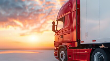 Red Penske Truck with Yellow Transit Logo, Parked at Sunset