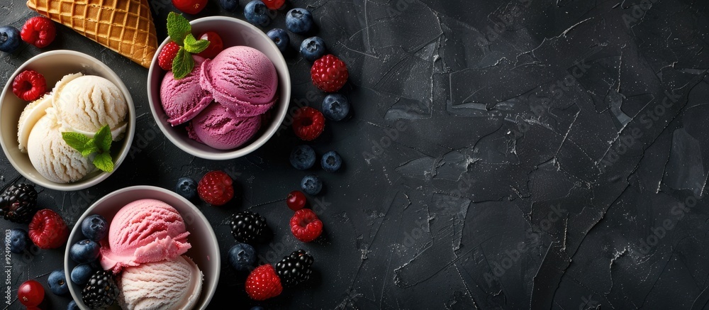 Poster bright ice cream in bowls with waffle cones berries on a dark backdrop various flavors with fresh be