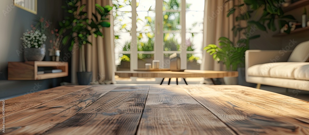 Poster wooden table with empty space for displaying items in a lovely blurred living room setting to fit a 