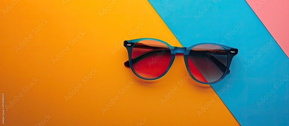 Poster flat lay composition on colorful backdrop with copy space image