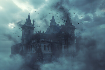 Castle surrounded by fog and flying ghosts, Enchanted haunted castle.