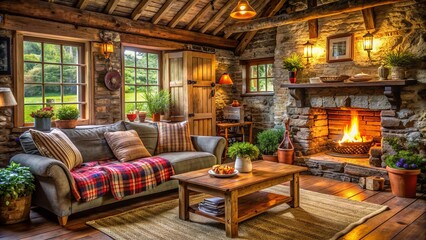 Fototapeta premium Rustic Country Cottage with Distressed Wood, Vintage Decor, Cozy Textiles, and Earthy Colors, Embodying Warmth, Comfort, and Rural Charm.