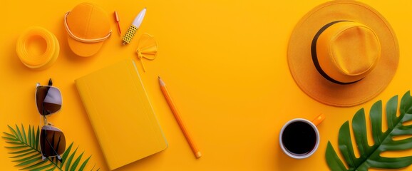 A Flat Lay Of Traveler Accessories On A Yellow Background, With Blank Space For Text, Including Sunglasses And A Passport