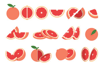 Set of Grapefruit, Farm fresh Grapefruit product emblem for grocery shop, Slides, long and cross sections, and different positions, simple flat vector illustration of vegetables and fruits.