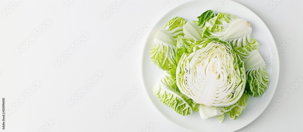 Poster a plate with sliced cabbage on a white background showcasing a copy space image exploring the benefi