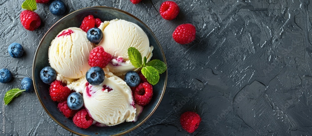 Aufkleber refreshing summer dessert with vanilla ice cream scoops raspberries and blueberries in a bowl seen f