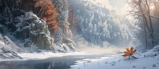 Winter landscape with foggy snowy forest rocky mountain and river creating long shadows with a dry leaf on snow a cold mountainside with a winter forest cliff along a frozen lake all set against a ba