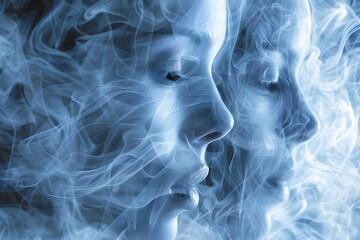 A ghostly blend of human faces and ethereal smoke