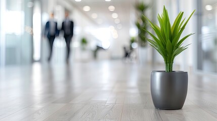 Fototapeta premium Gray Vase with Green Plant on Hardwood Floor