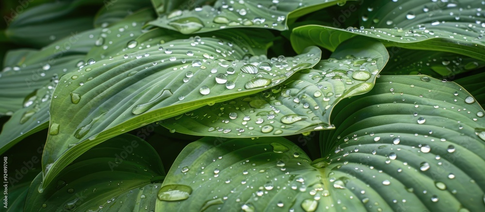 Aufkleber close up photography of raindrops on a large green hosta plantaginea leaf in a park setting during t