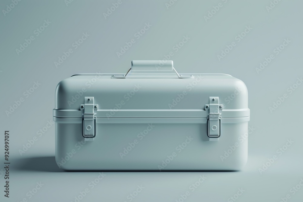 Poster a clean and minimalist 3d render of a toolbox icon, showcasing a simple box with a handle in neutral