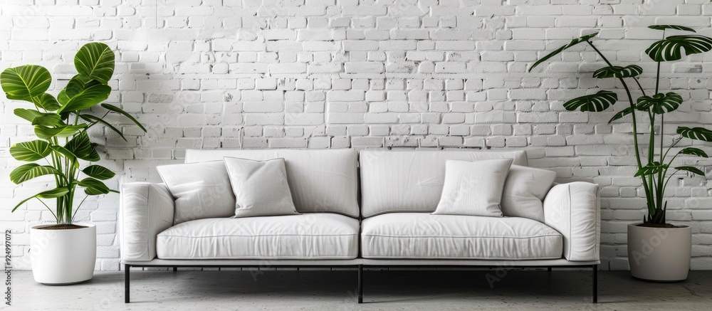 Canvas Prints A high quality image taken in an empty living room features a couch set against a white brick wall providing ample copy space