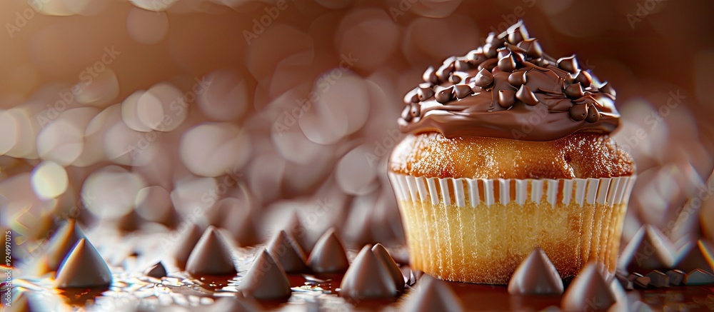 Poster close up of a cupcake with chocolate drops on top showcasing a delightful treat set against a visual