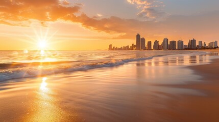 Serene Sunset Beach Scene with Tall Buildings