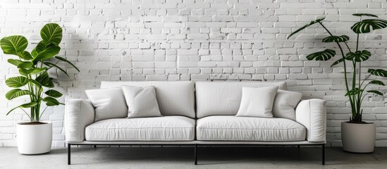 A high quality image taken in an empty living room features a couch set against a white brick wall providing ample copy space