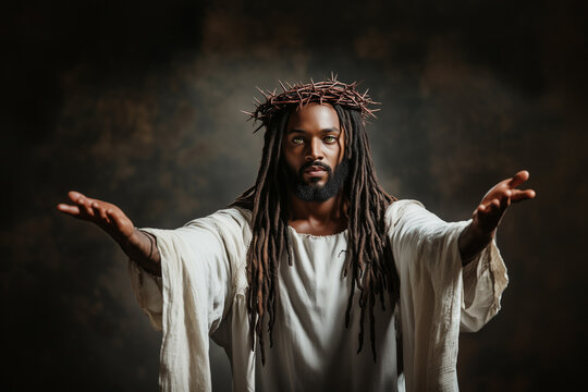 Jesus Christ. African American Savior. Loving son of God depicted as a handsome dark skinned African american descendant man with friendly expression. Green eyes and locks. Salvation concept. 