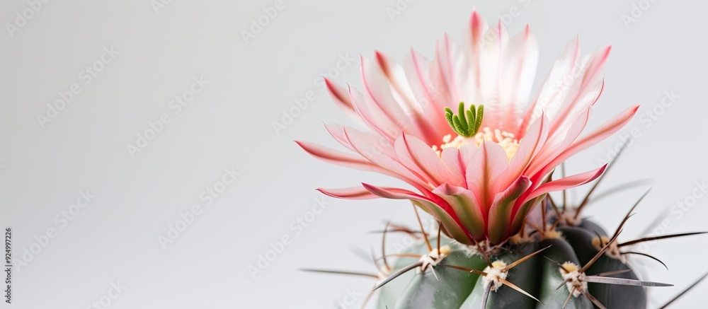 Poster selective focus image of a cactus flower with space for text on a white background. image with copy 