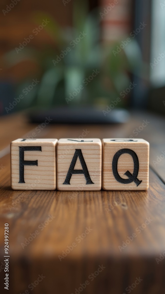 Sticker Wooden blocks with FAQ text on a wooden surface