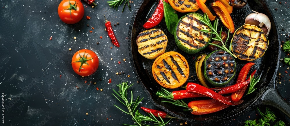 Poster colorful and healthy meal of assorted grilled vegetables on a frying pan flat lay with copy space im