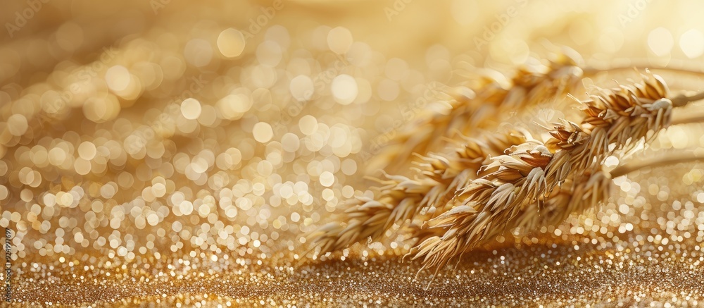 Poster minimalistic agriculture concept featuring two wheat ears on a golden glitter background with ample 
