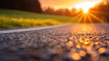 Fototapeta premium Serene Sunset Over Paved Road in Tranquil Natural Surroundings