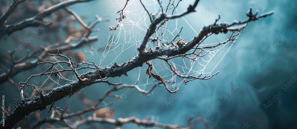 Poster a stunning scene showing cobweb covered branches of a dead tree against a blurry backdrop suitable f