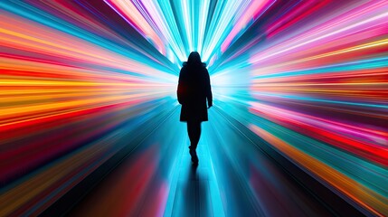 Solitary Figure Amidst Vibrant Urban Nightscape