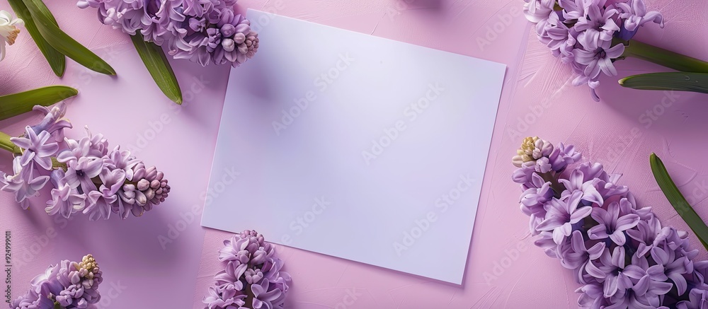 Poster a soft violet backdrop showcases delicate hyacinth blooms beside a blank paper sheet top view with a
