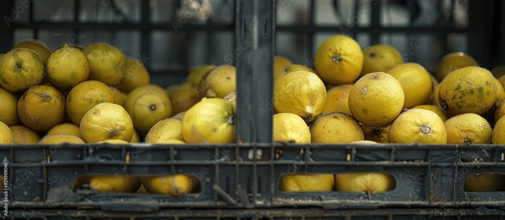 Poster close up image capturing fresh yellow lemons stacked in a black crate with copy space image