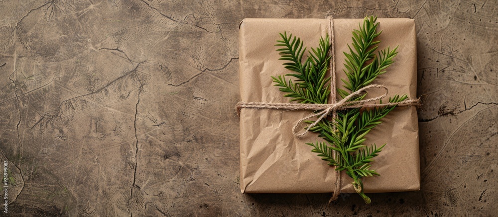 Aufkleber gift wrapped in craft paper and decorated with cypress branch on paper background with copy space im
