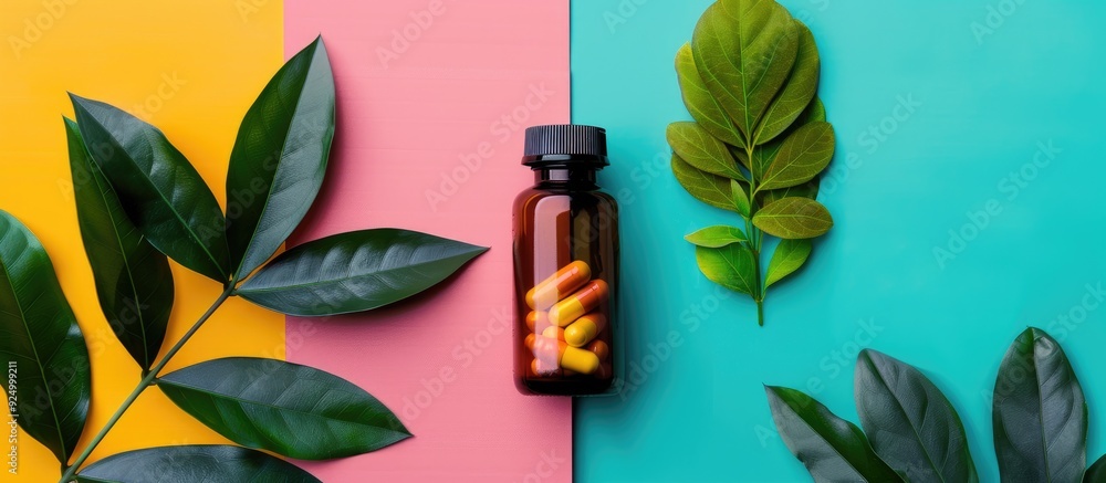 Poster top view of a bottle with pills and green leaves on a colorful background ideal for a copy space ima
