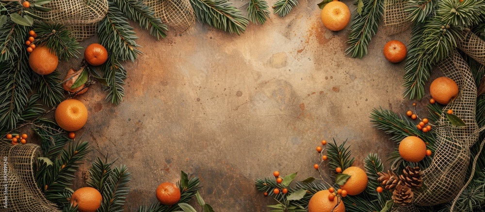 Poster a festive arrangement with spruce vibrant garlands burlap and oranges creates a christmas and new ye