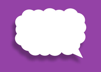 Empty white cloud paper speech bubble shape against purple background.