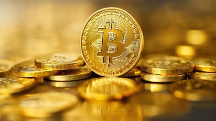 Golden Bitcoin stands on gold coins . Mining concept , crypto exchange and blockchain background