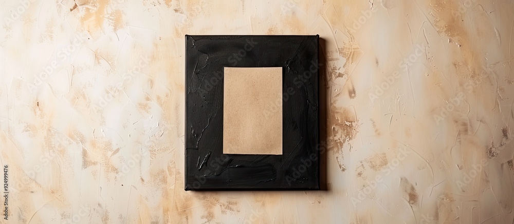 Poster vintage style mockup featuring a black square canvas on kraft paper set against a white backdrop wit