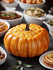 A vibrant pumpkin surrounded by delicious dishes, perfect for a festive autumn gathering or Thanksgiving celebration.