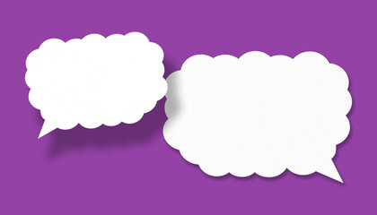 Empty white cloud paper speech bubble shape against purple background.