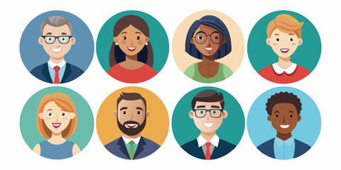 Collection of avatars of happy business people in a circle. Happy business men and women
