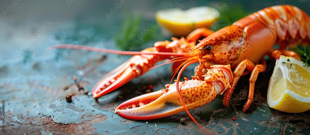 Poster delectable langoustine a seafood delicacy displayed on a rustic table with a copy space image suitab