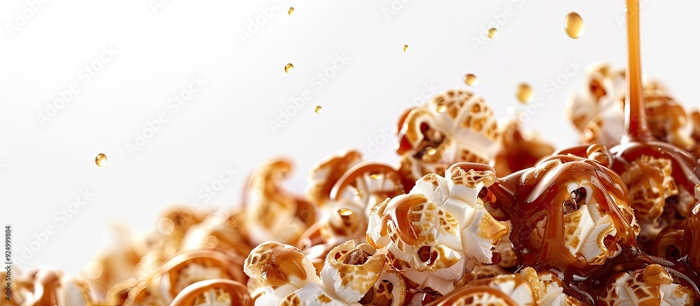 Poster close up image of salted caramel popcorn with caramel sauce topping on white background text can be 